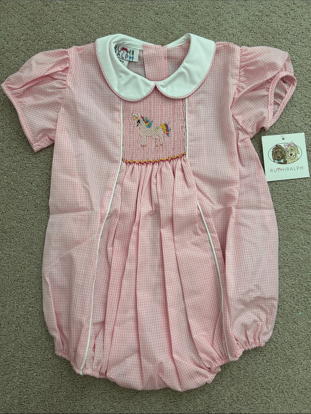 NWT Ruth & Ralph Pink Gingham Smocked Unicorn Bubble